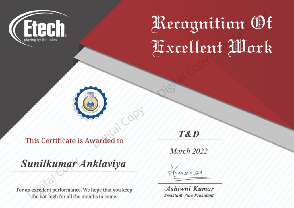 Recognition of Excellent Work
